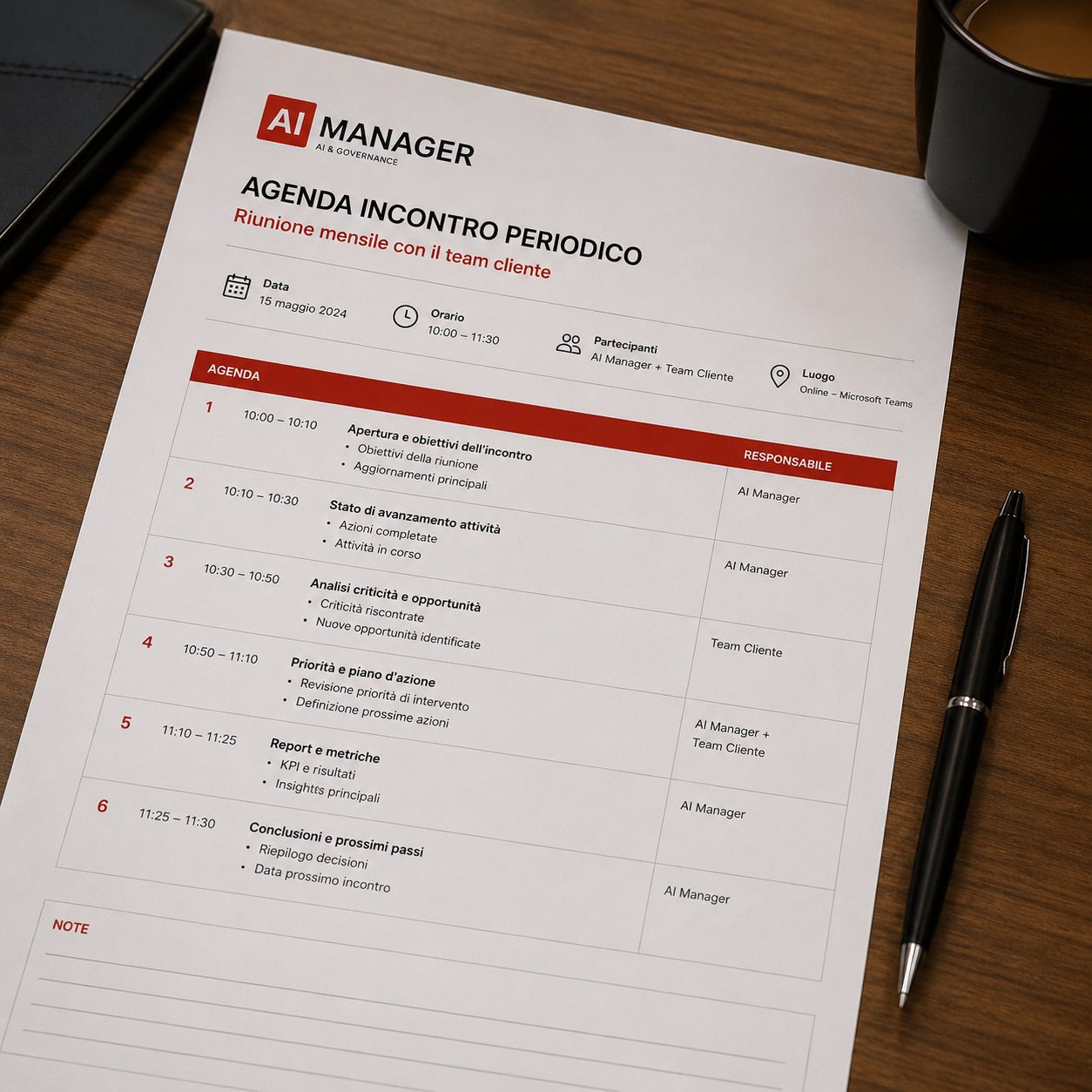 Esempio di agenda mensile per gli incontri periodici con il team cliente